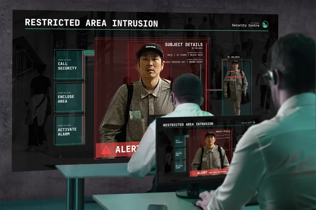 AI video analysis system Protector alerts security centre operator on detected restricted area intrusion.