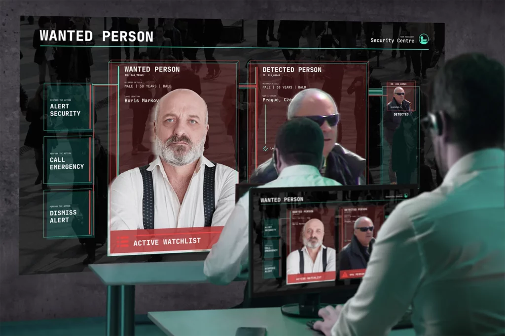 Thanks to the facial recognition and active watchlist features, the system Protector alerts security centre operator on wanted person detection in real-time.